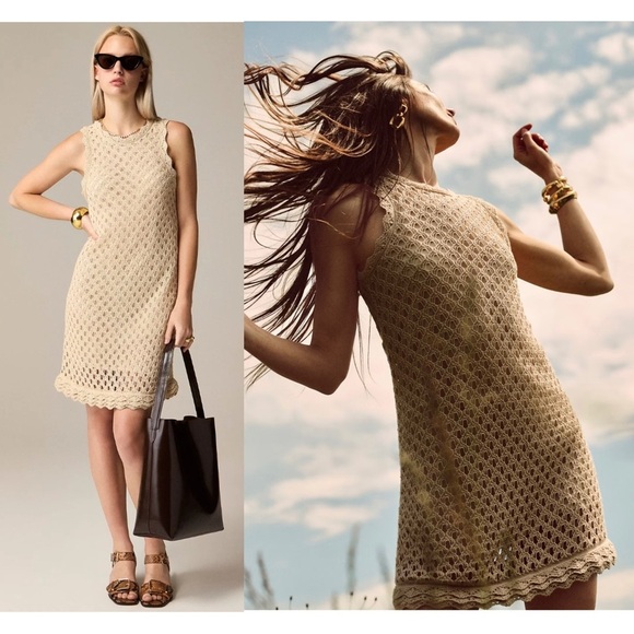 J CREW Cotton Pointelle Crochet Knit Sleeveless Scalloped Sweater Mini Dress S - Picture 1 of 7